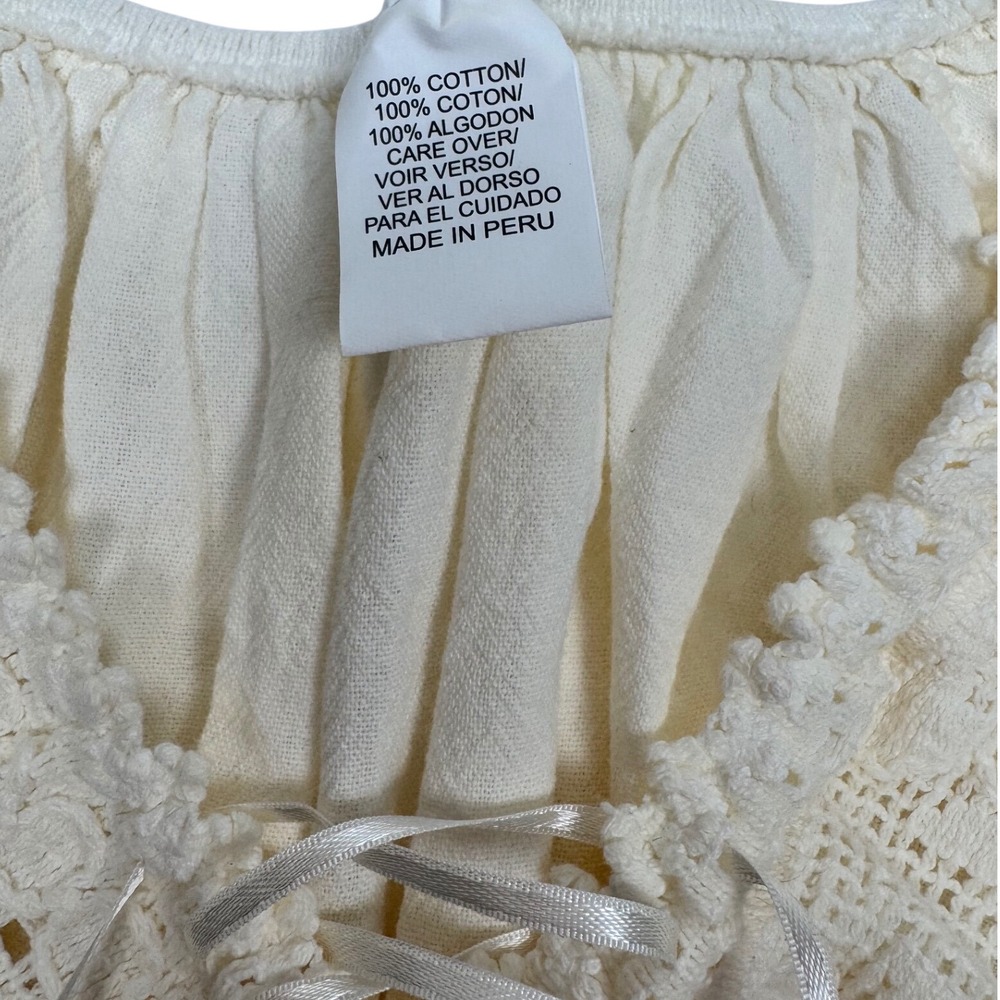 Magiu Ivory Cottagecore Milkmaid Crop Top Smocked Puff Sleeve Lace Up Boho - Picture 4 of 5